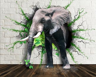 Слон выходит из кирпичной стены с растениями 