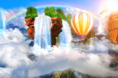 Воздушный шар летящий возле водопада в облаках