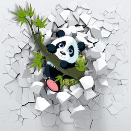 Панда смотрит через сломанную стену