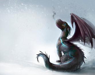 Иллюстрация фантастического дракона на снегу 