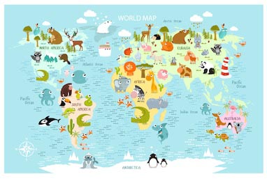 Яркая карта мира для детей и детей с животными