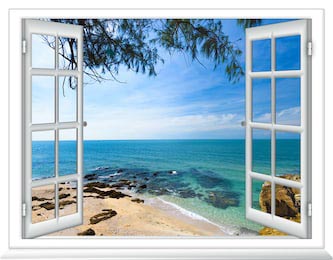 Сказочный вид из окна на море и пляж с деревом