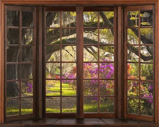 Прекрасный вид на сказочный цветущий сад из окна