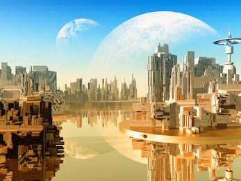 Город будущего с фантастическим пейзажем