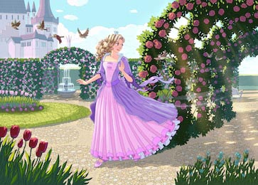 Принцесса с вьющимися волосами гуляет у замка