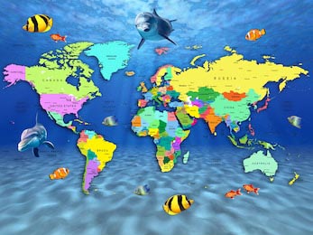 3D дизайн карты мира с изображением дельфинов