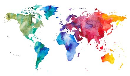 Яркая карта мира акварелью в разных цветах