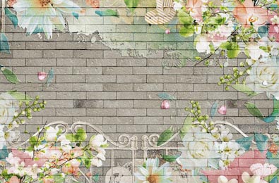 Нежные цветы на фоне серой кирпичной стены