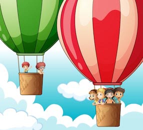 Два воздушных шара, летящих со счастливыми детьми
