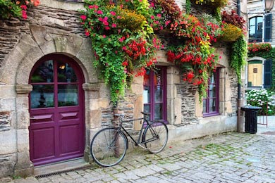 Городской пейзаж с велосипедом у стены с цветами