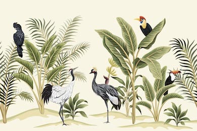 Тропические птицы, попугай, кран, тукан в лесу