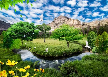 Зеленый ландшафт с горной речкой и белыми голубями