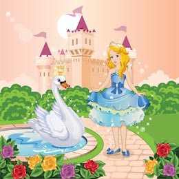 Прекрасная принцесса и лебедь в волшебном саду