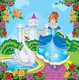 Принцесса в голубом платье и лебеди у замка