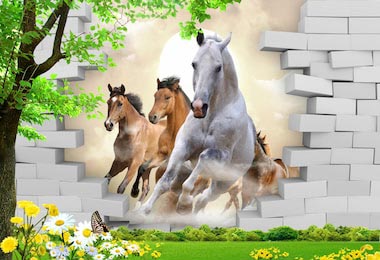 Лошади бегущие сквозь сломанную кирпичную стену