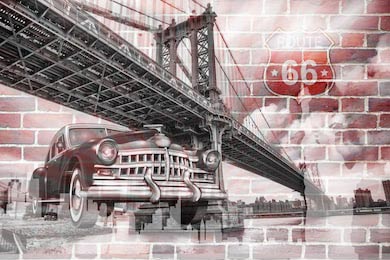 Бруклинский мост с автомобилем на кирпичной стене