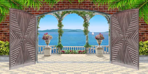 Открытые двери на террасу с видом на цветочные вазы