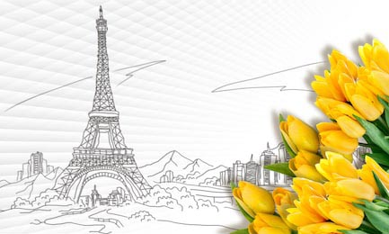 Желтые тюльпаны на фоне рисунка Эйфелевой башни