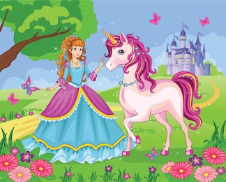 Волшебный пейзаж красивая принцесса с единорогом