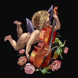 Маленький ангел играет на скрипке окруженной розами