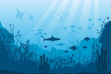 Фауна океана с рифами, водорослями и рыбами