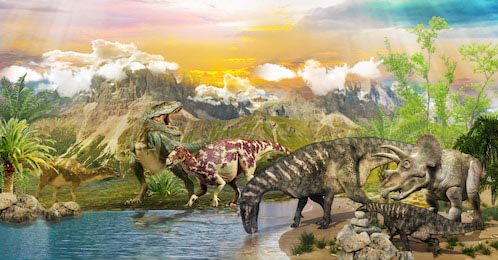 Динозавры пьют воду с озера на фоне гор