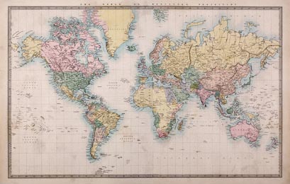 Старая цветная карта мира, проекции около 1860г.