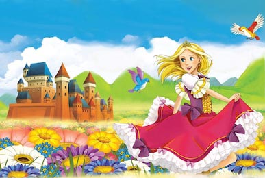 Принцесса бегущая возле замка по цветочной поляне