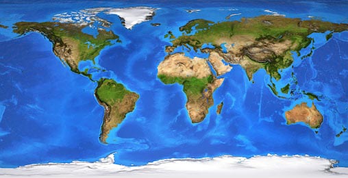 Детальный плоский вид на планету Земля и ее рельефы