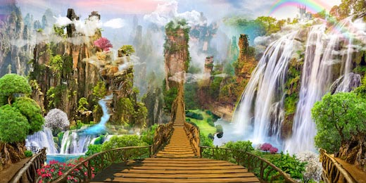 Сказочный мир с мостом ведущим в горы и водопадами