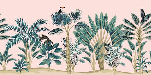 Попугаи и обезьяны в джунглях на розовом фоне
