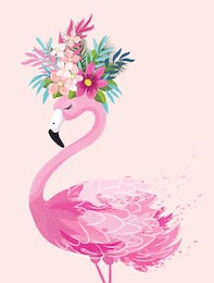 Милый фламинго с короной из тропических цветов