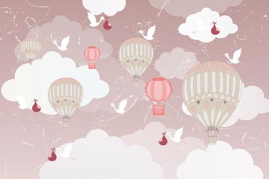 Воздушные шары с аистами и младенцами в небе 