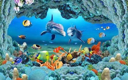 Иллюстрация рыб и дельфинов с корраловыми рифами