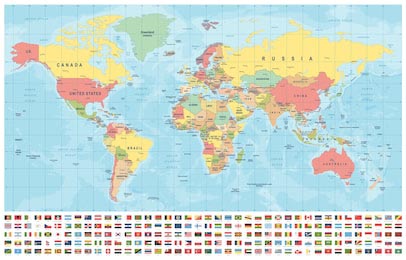 Цветная карта мира и флаги стран снизу