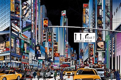 Нарисованная иллюстрация улицы в Нью-Йорке ночью