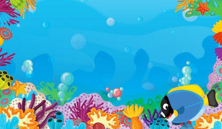 Иллюстрация с коралловым рифом и плавающими рыбками