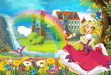 Маленькая принцесса в платье бежит по полянке