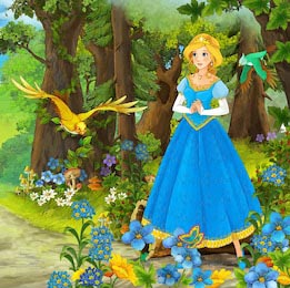 Принцесса в сказочном лесу общается с птичками 