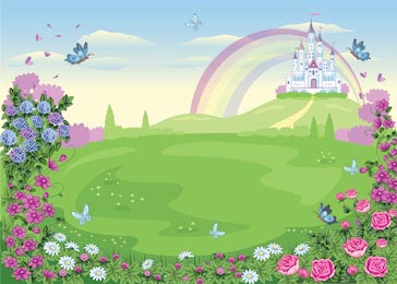 Волшебная страна с цветочным лугом замком принцессы