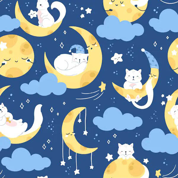 Белые котики спящие на луне на фоне звездного неба