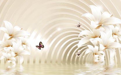 3D иллюстрация цветов и бабочек на фоне спирали