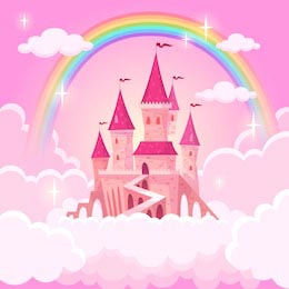 Замок принцессы феи летающий в розовых облаках