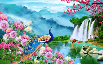 Павлин в саду окруженный розами водопадом и горами
