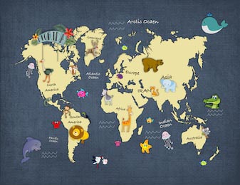 3D дизайн карта мира с животными для фотостены