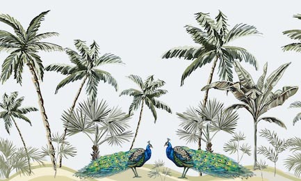 Павлины в тропических растениях