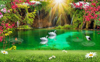Горное озеро с животными в лучах солнца