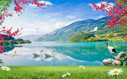 Прекрасный вид гор и чистого озера с лебедями