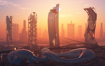 Фантастический город из будущего на закате 3D