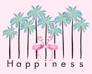 Фламинго среди тропического леса с надписью Счастье